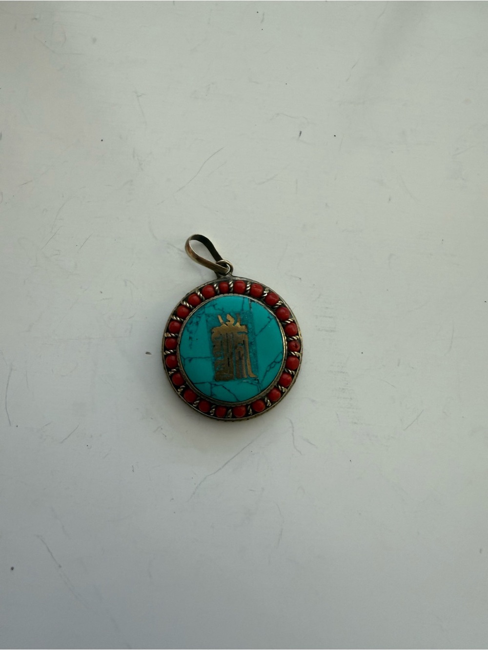 Vintage Turquoise Red Stone Medallion Pendant South of France